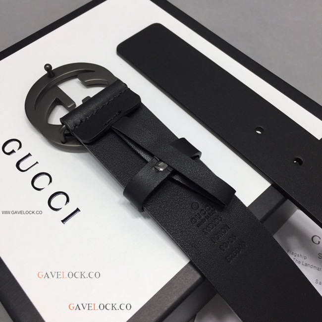 Gucci Leather Men's Belt Black Metal Interlocking GG Buckle